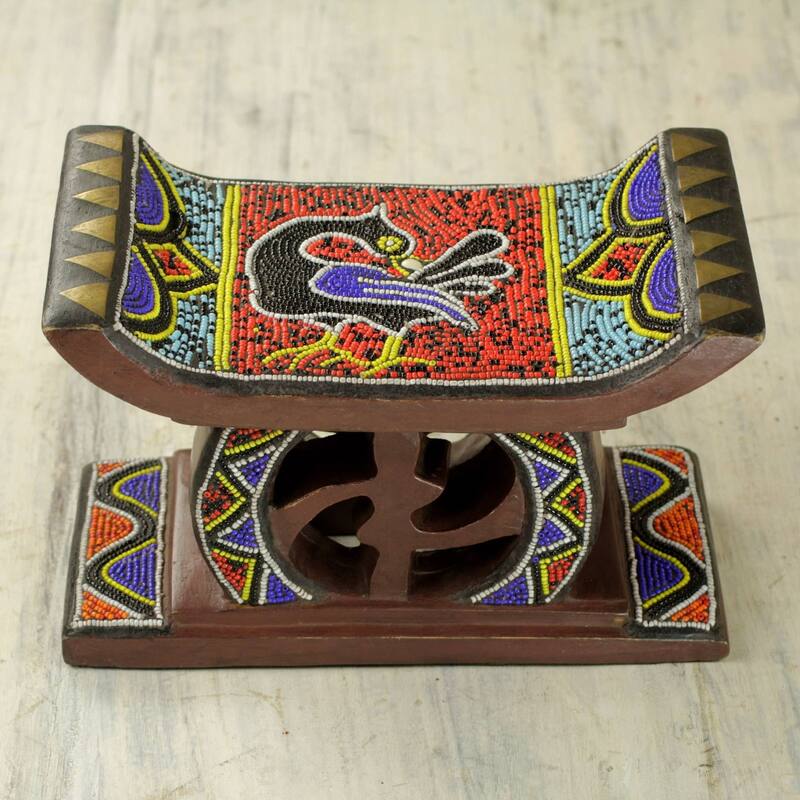 Handmade Adinkra Sankofa Beaded Decorative Wood Stool (Ghana) - 6" H x 9" W x 5" D