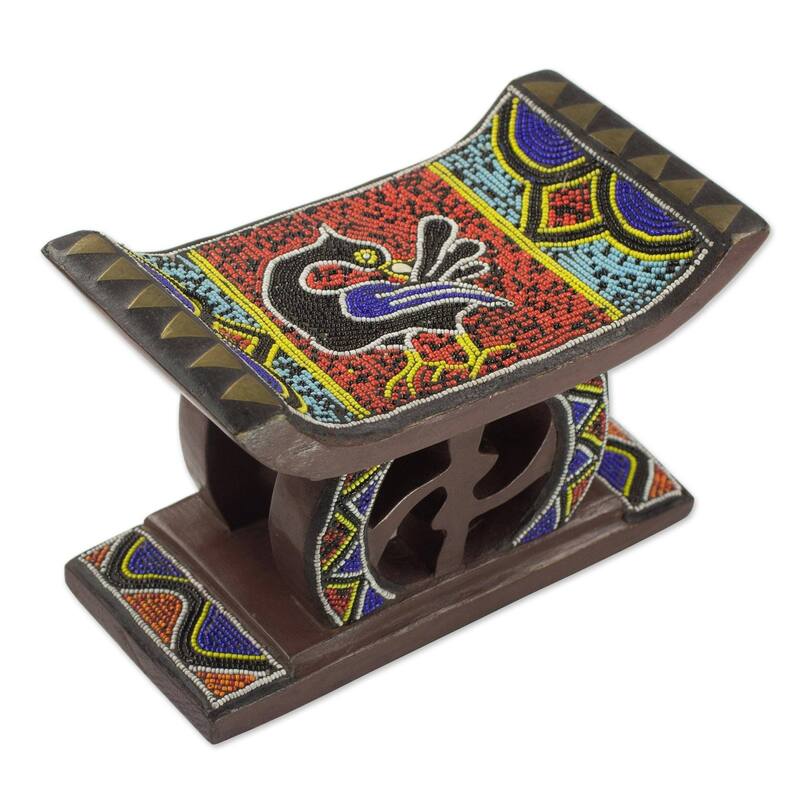 Handmade Adinkra Sankofa Beaded Decorative Wood Stool (Ghana) - 6" H x 9" W x 5" D - 6" H x 9" W x 5" D - Multi