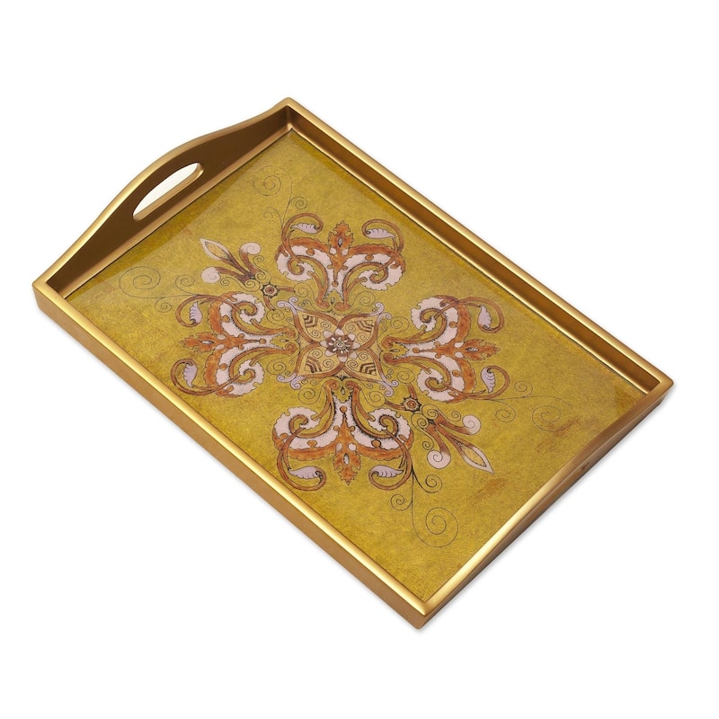 Handmade Regal Petals Reverse Painted Glass Tray (Peru) - Gold - 1 Piece