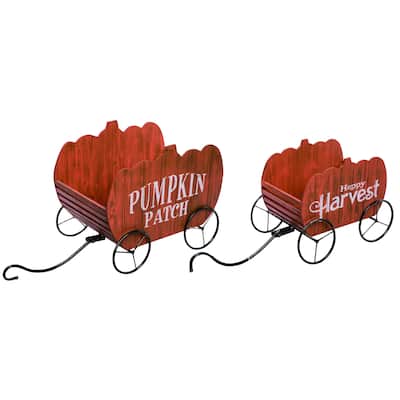 Transpac Wood Red Harvest Pumpkin Trolley Set of 2 - N/A