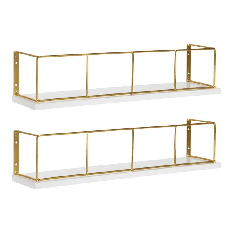 Kate and Laurel Benbrook 18" Wood and Metal Floating Wall Shelves - 2 Piece - 2 Piece - White/Gold