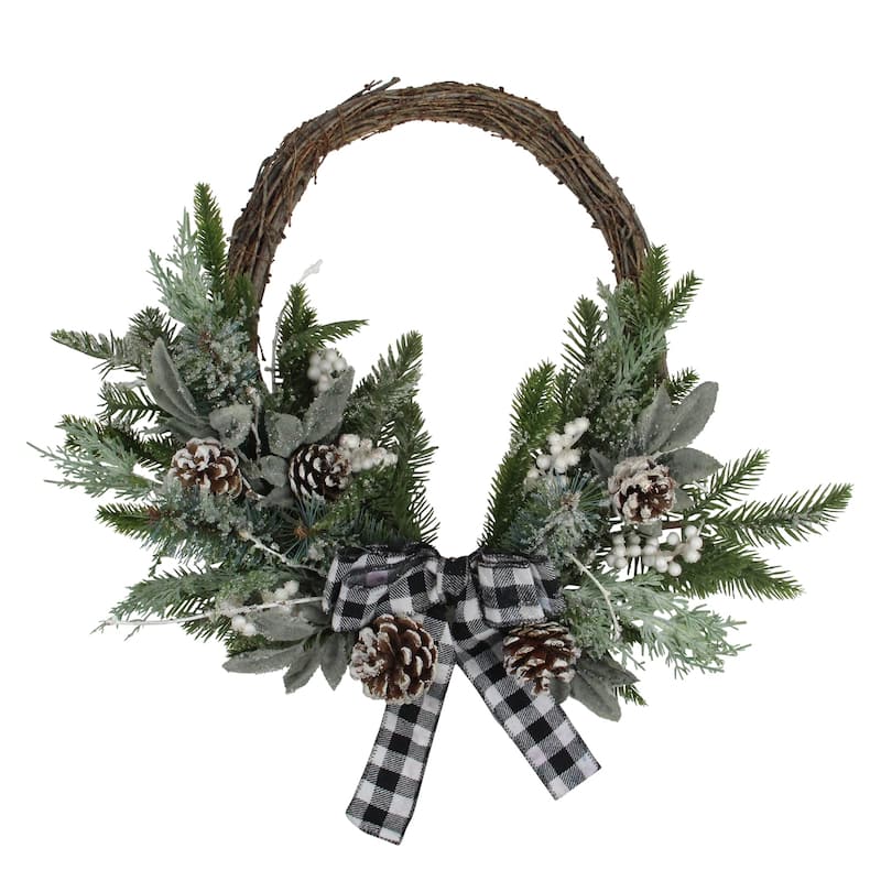 Plaid Bow and Winter Foliage Artificial Christmas Twig Wreath - 23-inch Unlit - 23"
