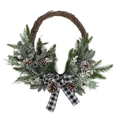 Plaid Bow and Winter Foliage Artificial Christmas Twig Wreath - 23-inch Unlit - 23"