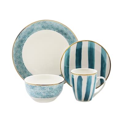ELLE Delice Festive Teal Porcelain 16-Piece Dinnerware Set, Service For 4