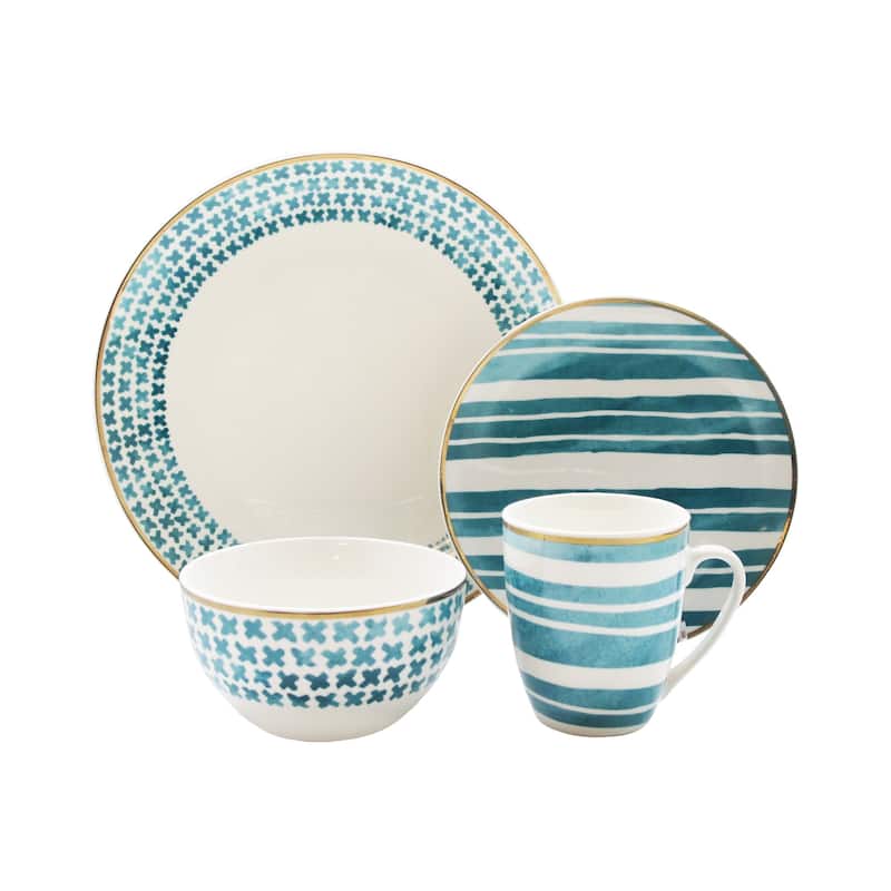 ELLE Delice Teal Porcelain 16-Piece Dinnerware Set, Service For 4