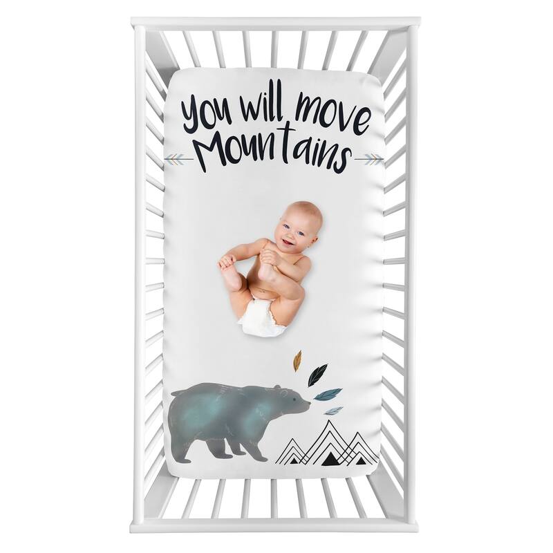 Sweet Jojo Designs Bear Mountain Boy Photo Op Fitted Crib Sheet - Slate Blue and Black Watercolor You Will Move Mountains