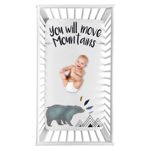 slide 2 of 2, Sweet Jojo Designs Bear Mountain Boy Photo Op Fitted Crib Sheet - Slate Blue and Black Watercolor You Will Move Mountains