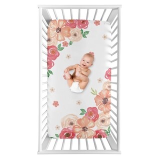 Sweet Jojo Designs Shabby Chic Floral Collection Girl Photo Op Fitted Crib Sheet - Peach, Pink and Green Watercolor Rose Flower