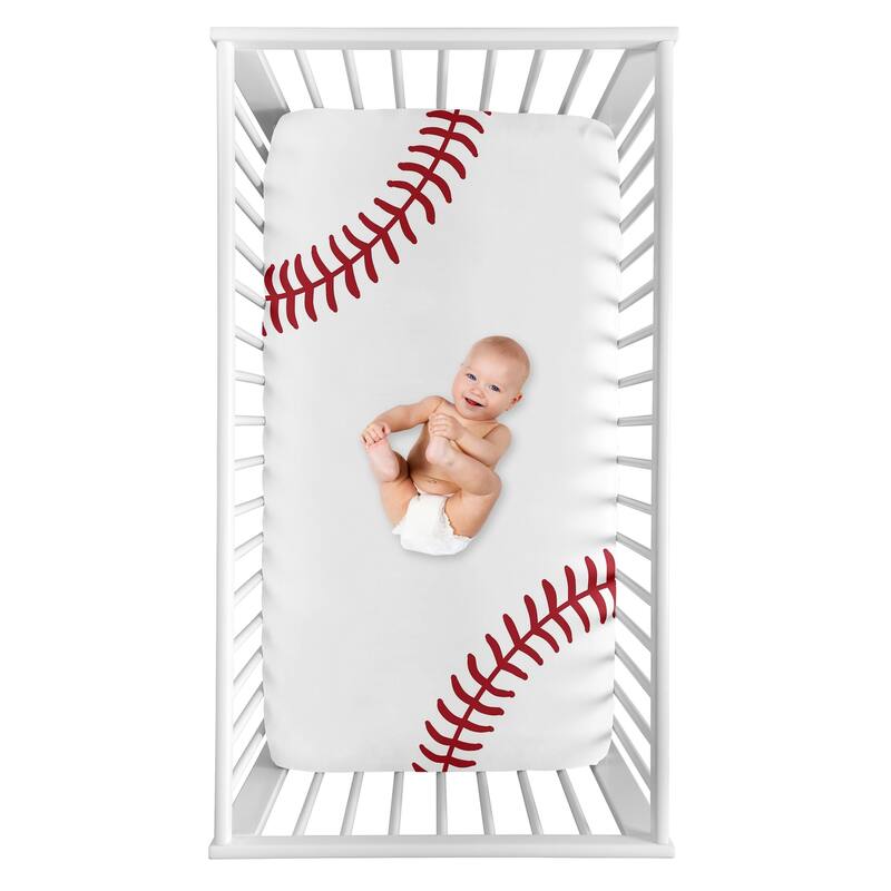 Sweet Jojo Designs Baseball Collection Boy Photo Op Fitted Crib Sheet - Red and White Americana Sports