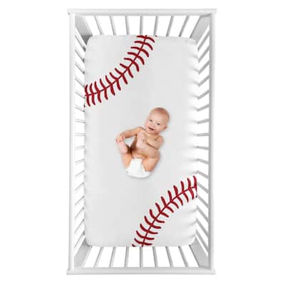 Sweet Jojo Designs Baseball Collection Boy Photo Op Fitted Crib Sheet - Red and White Americana Sports