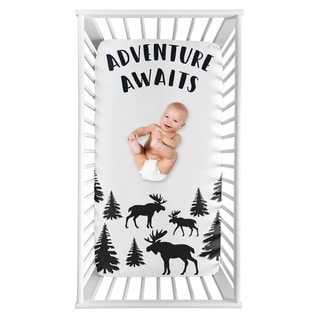 Sweet Jojo Designs Woodland Moose Collection Boy Photo Op Fitted Crib Sheet - Black and White Adventure Awaits Rustic Patch