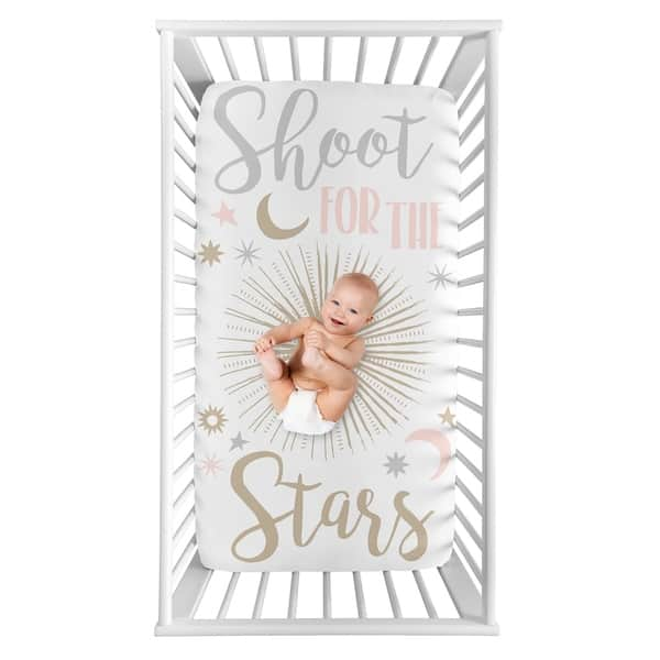 slide 2 of 2, Sweet Jojo Designs Star and Moon Girl Photo Op Fitted Crib Sheet - Blush Pink Gold Grey and White Shoot for the Stars Celestial