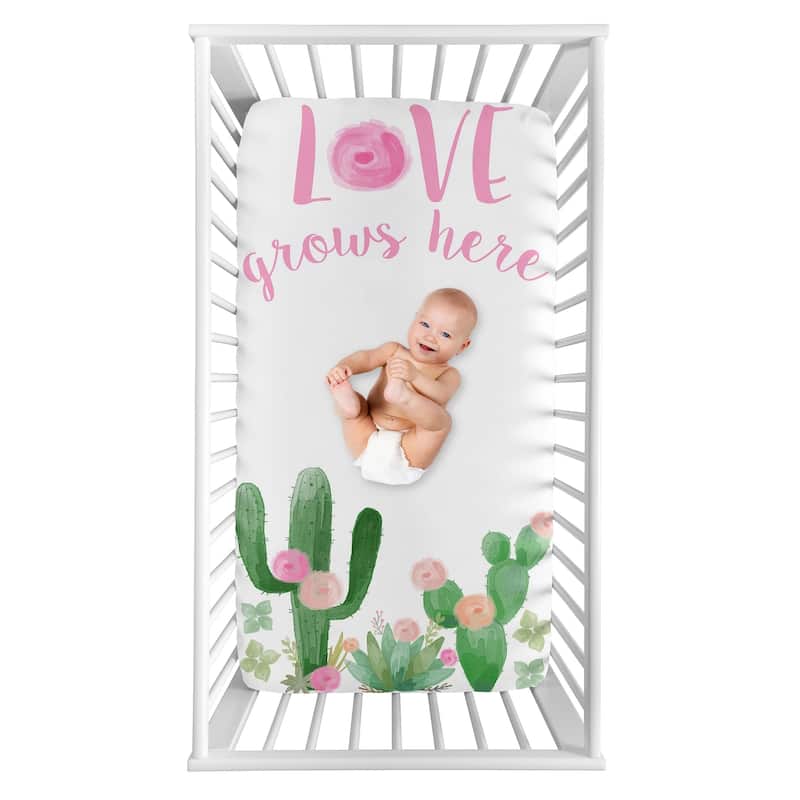 Sweet Jojo Designs Cactus Floral Collection Girl Photo Op Fitted Crib Sheet - Pink and Green Boho Watercolor Love Grows Here