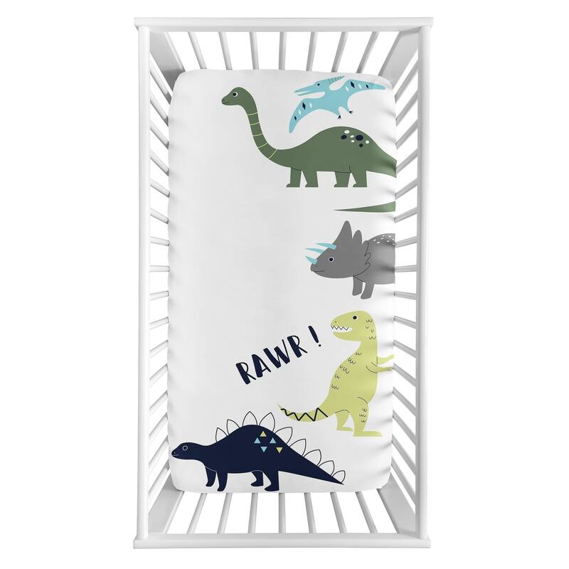 Sweet Jojo Designs Mod Dino Collection Boy Photo Op Fitted Crib Sheet - Blue, Green and Grey Rawr Modern Dinosaur