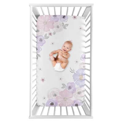 Sweet Jojo Designs Shabby Chic Floral Girl Photo Op Fitted Crib Sheet - Lavender Purple Pink and Grey Watercolor Rose Flower