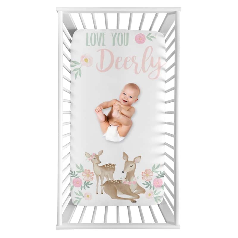 Sweet Jojo Designs Woodland Deer Floral Girl Photo Op Fitted Crib Sheet - Blush Pink Mint Green Boho Watercolor Love You Deerly