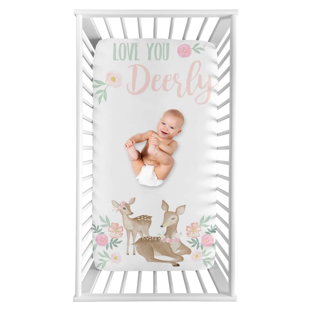 Sweet Jojo Designs Woodland Deer Floral Girl Photo Op Fitted Crib Sheet - Blush Pink Mint Green Boho Watercolor Love You Deerly