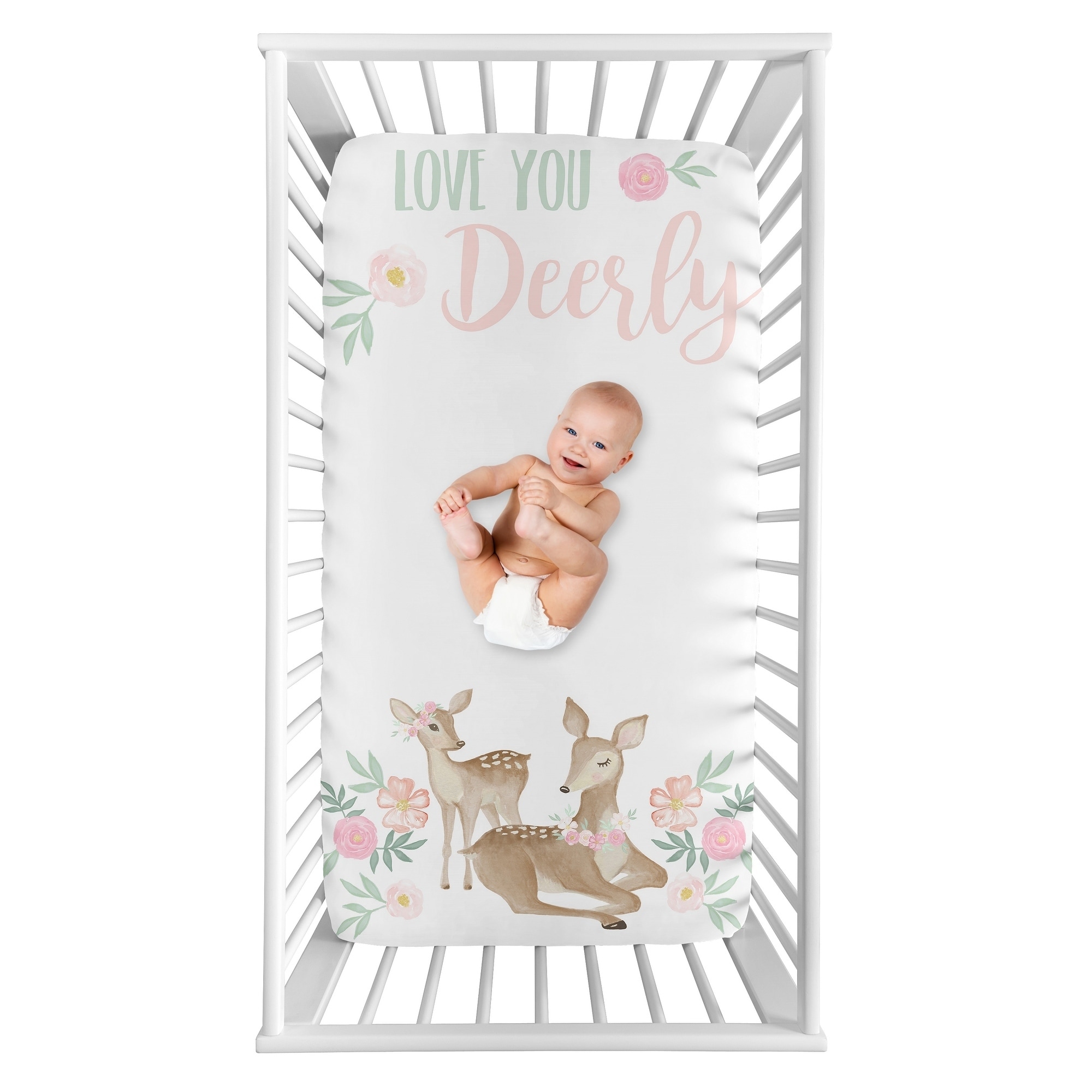Sweet Jojo Designs Woodland Deer Floral Girl Photo Op Fitted Crib Sheet Blush Pink Mint Green Boho Watercolor Love You Deerly Overstock