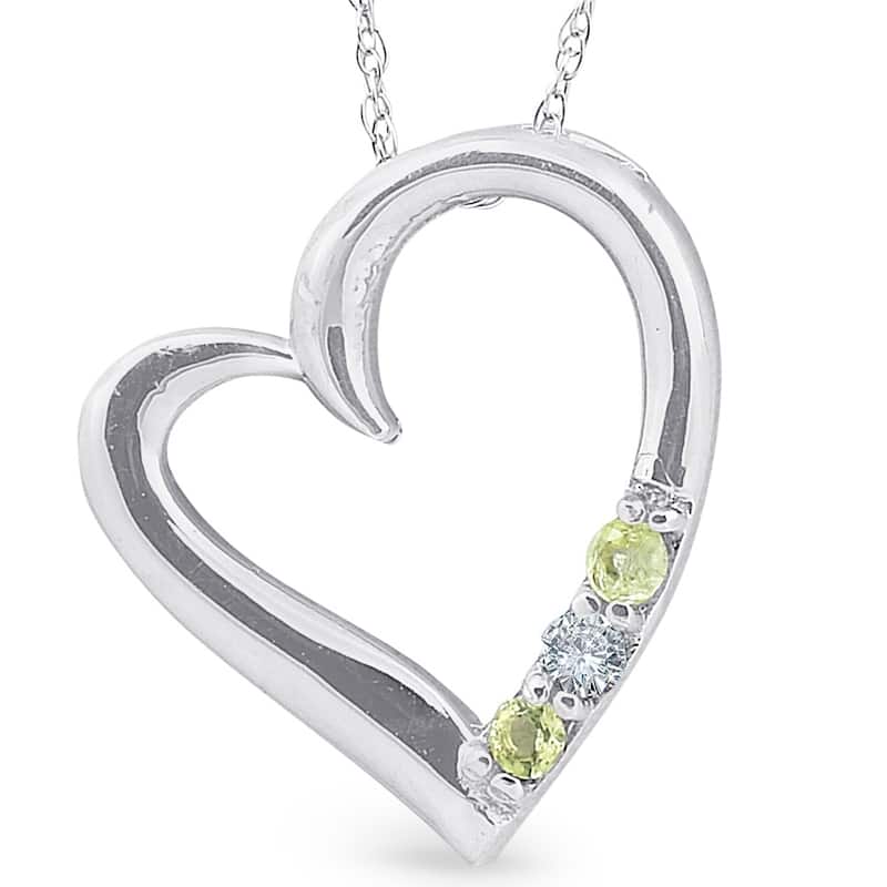 Diamond & Peridot Heart Pendant 3-Stone White Gold with 18" Chain