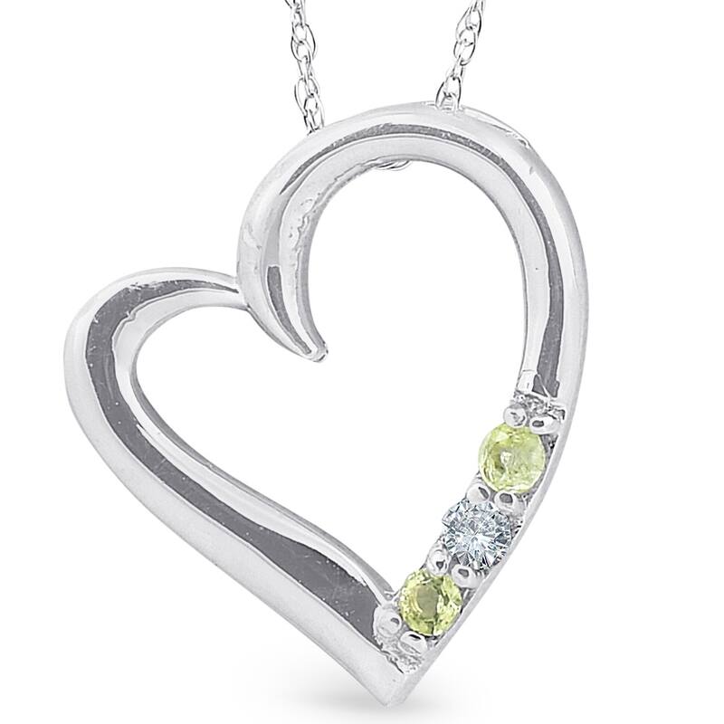 Diamond & Peridot Heart Pendant 3-Stone White Gold with 18" Chain