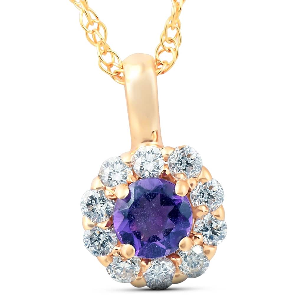 Bliss Diamond 1/2 Ct Diamond & Genuine Amethyst Halo Pendant Yellow Gold Womens Necklace