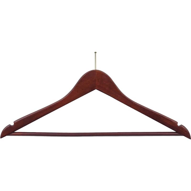 Flat Anti-Theft Clothes Hanger with P-Nail, Security Hangers for Retail and Hospitality - Walnut w/ Brass & Bar - Box of 50