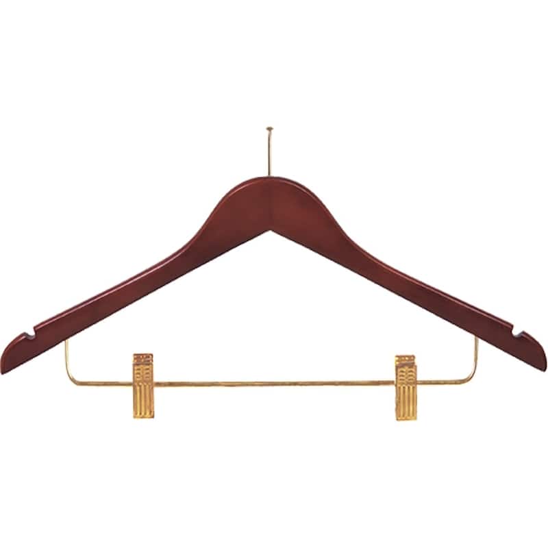Flat Anti-Theft Clothes Hanger with P-Nail, Security Hangers for Retail and Hospitality - Walnut w/ Brass Clips - Box of 100