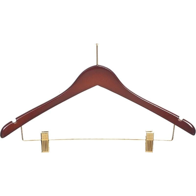 Contoured Anti-Theft Clothes Hanger with P-Nail, Security Hangers for Retail and Hospitality - Walnut w/ Brass Clips - Box of 100