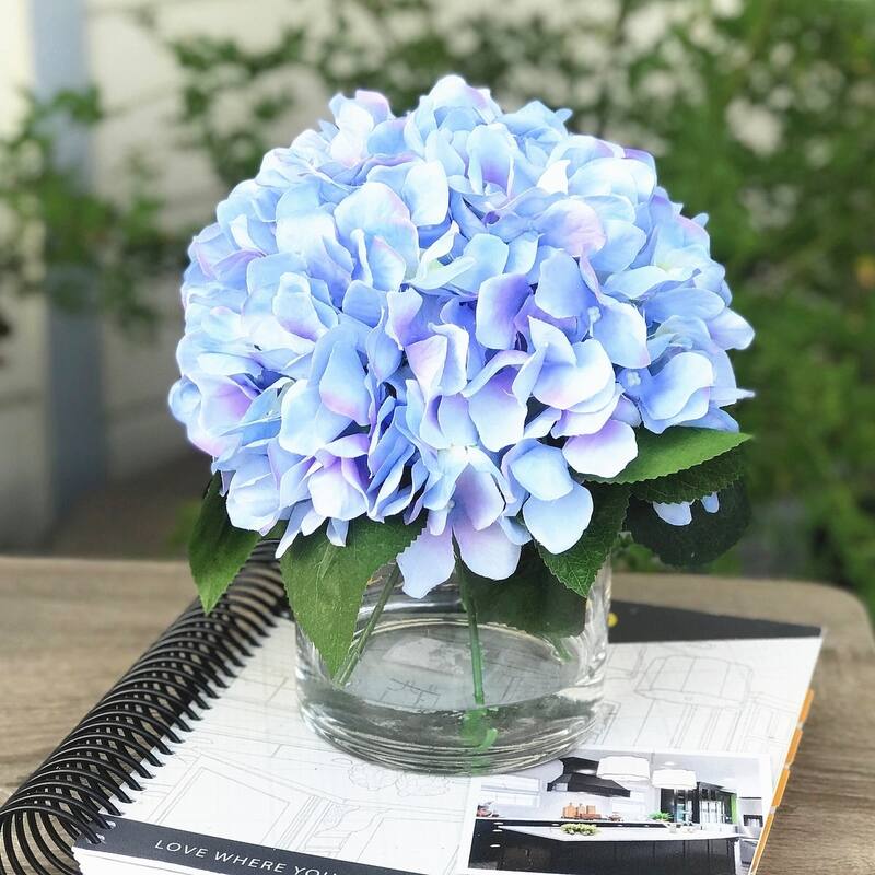 Enova Home Artificial Silk Hydrangea Fake Flowers Arrangement in Clear Vase with Faux Water for Home Wedding Centerpiece - N/A