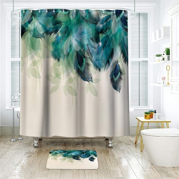 Fabric Bathroom Shower Curtain Waterproof Hooks BathMat BRANCH PEACOCK COUPLE 