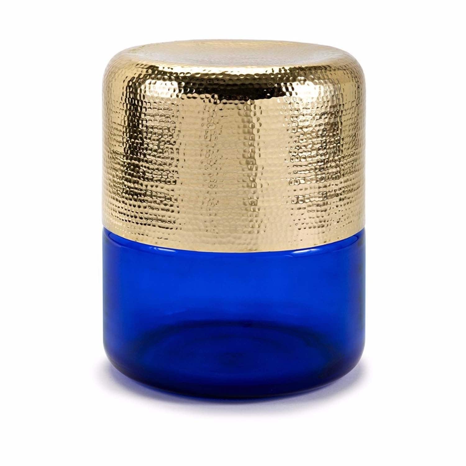Modish Glass Table with Textured Metal Top, Gold and Blue