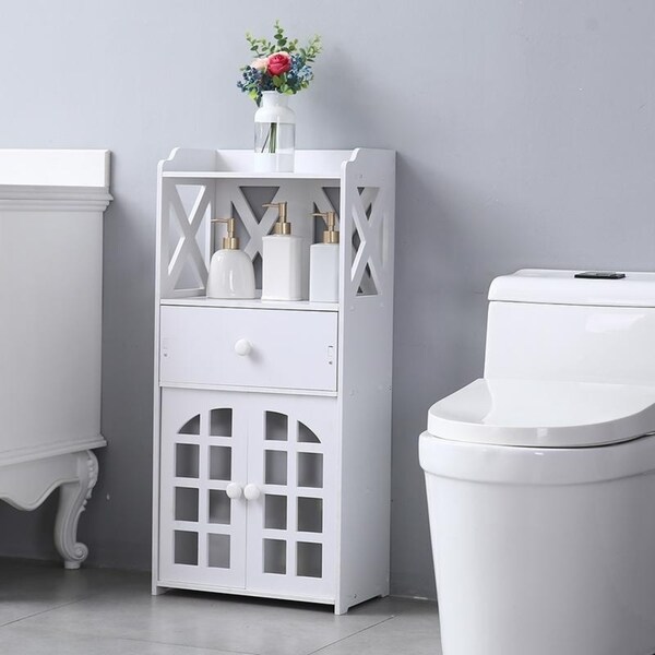 Bathroom Floor Storage Cabinet Shelf with Drawer Double Door White