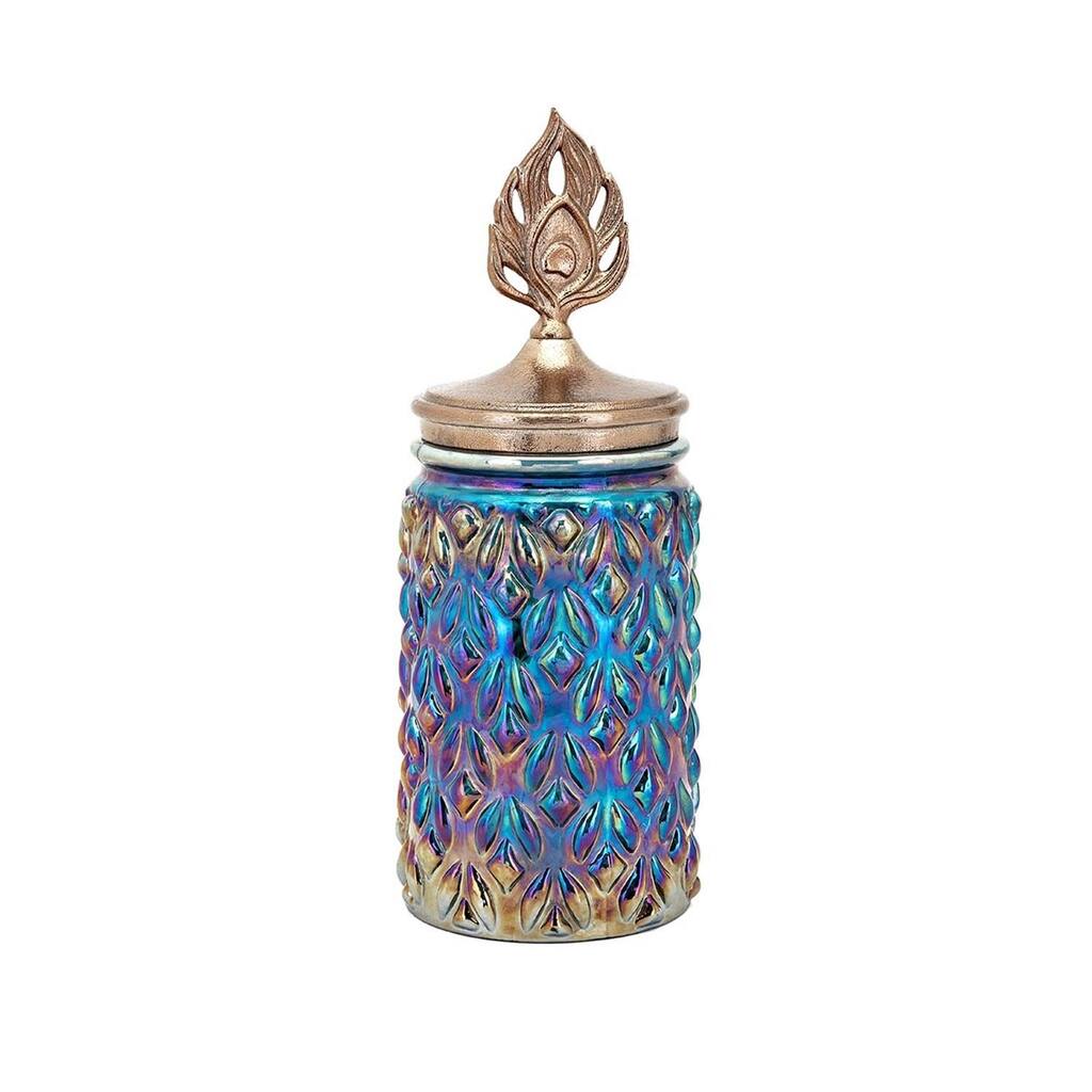 Glass Canister with Aluminum Peacock Tail Lid Top, Large, Multi