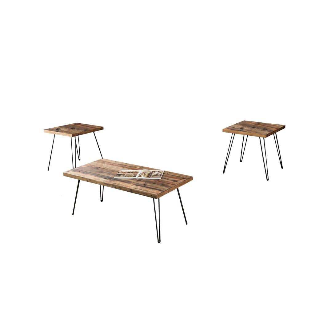 3 Piece Reclaimed Wood and Metal Foldable Table Set, Brown and Black