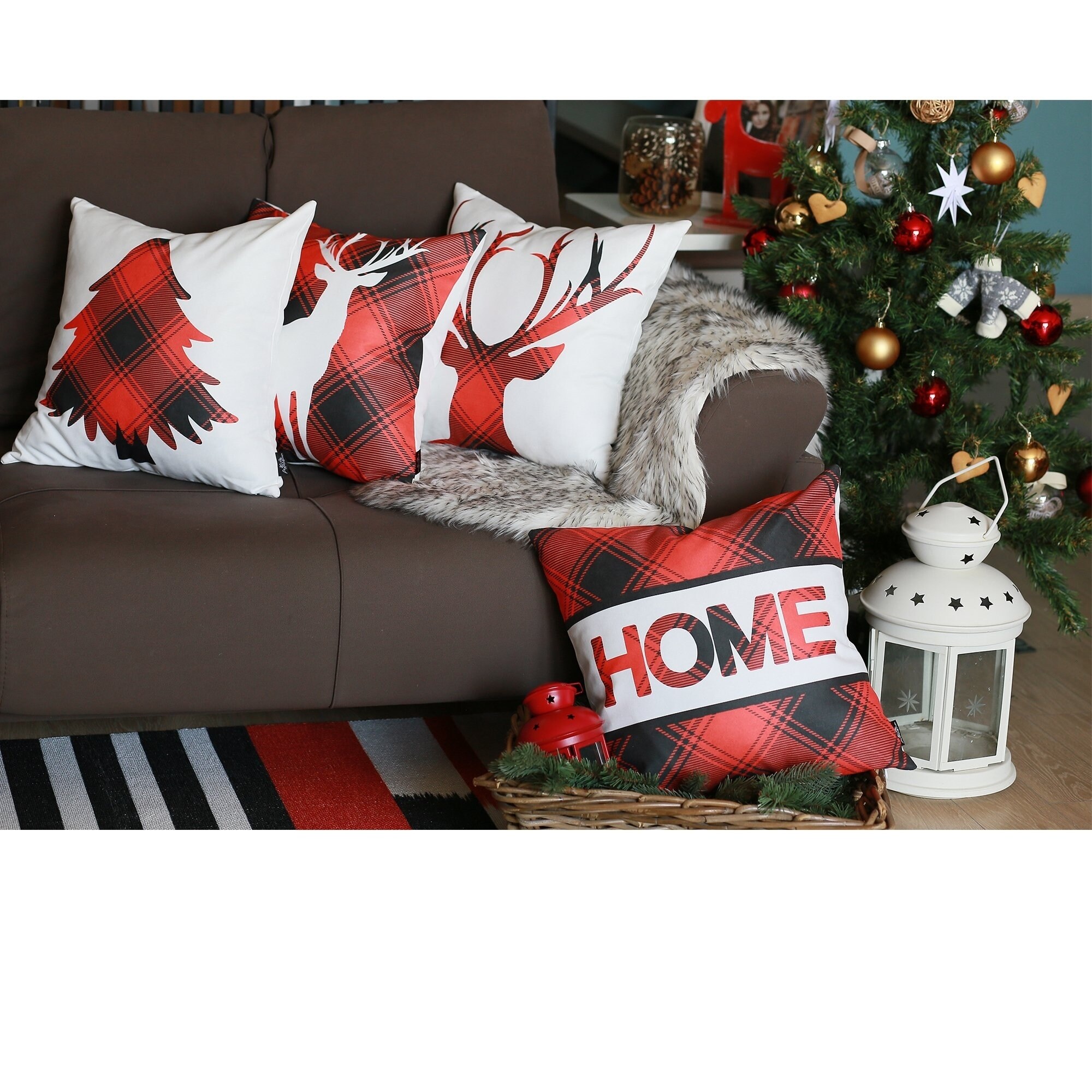 Christmas Tree and Elk Printed Decorative Holiday Series Throw Pillow with Inserts, Red, 18 inch x 18 inch, Set of 4