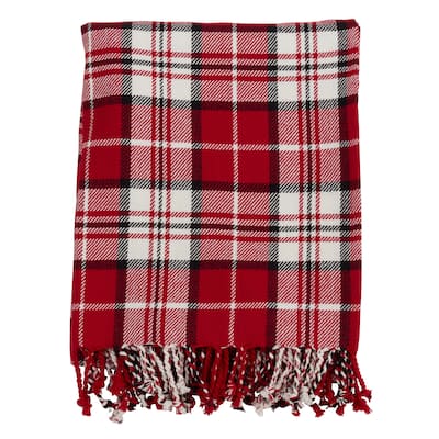 Cotton Throw Blanket with Red Plaid Design