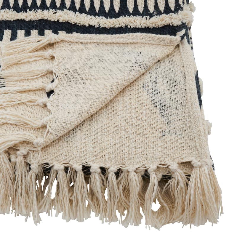 Geometric Print & Fringed Cotton Throw Blanket
