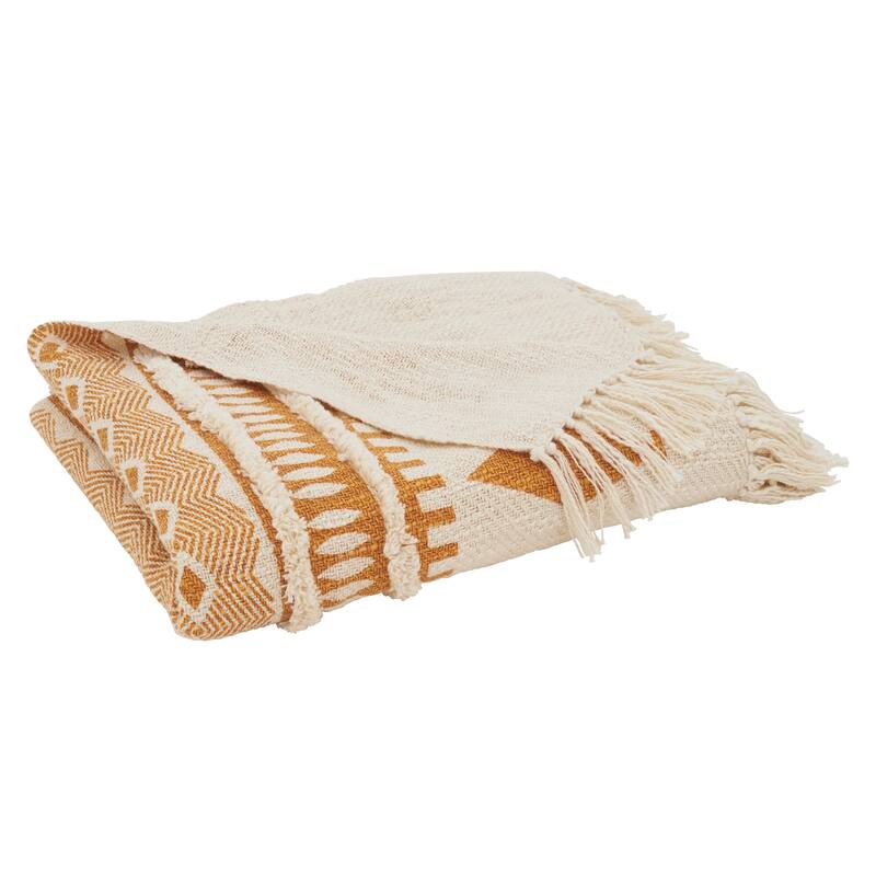 Geometric Print & Fringed Cotton Throw Blanket