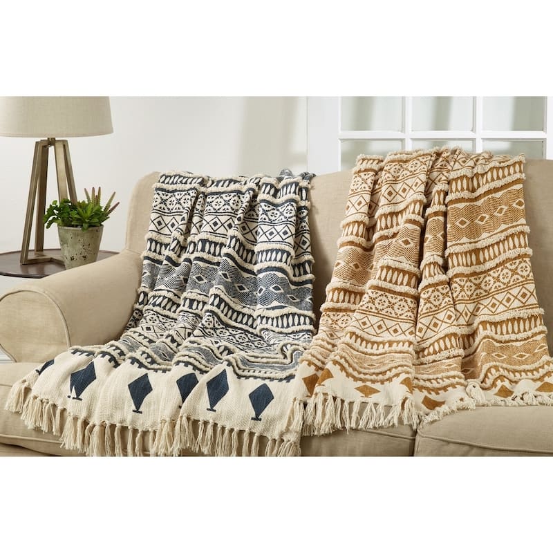 Geometric Print & Fringed Cotton Throw Blanket