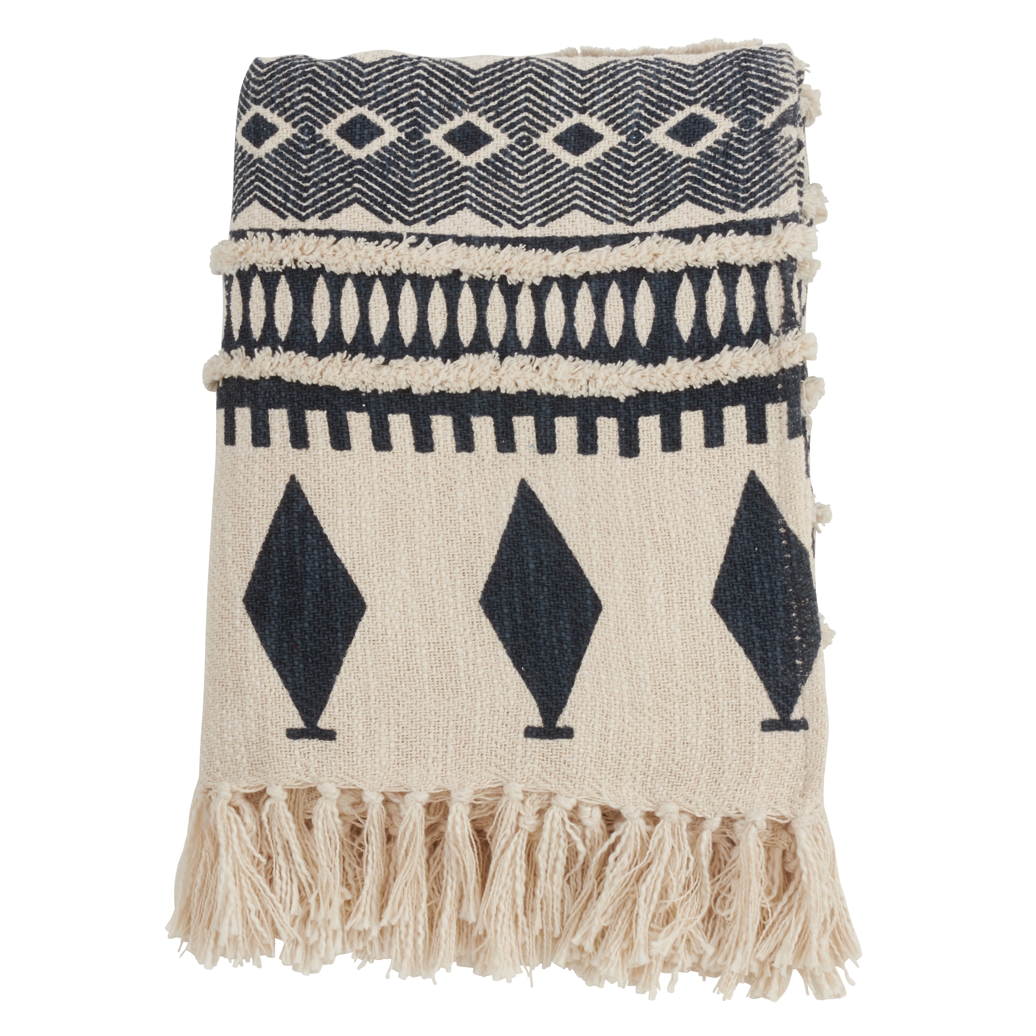 Geometric Print Fringed Cotton Throw Blanket On Sale Bed