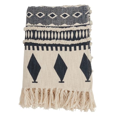 Geometric Print & Fringed Cotton Throw Blanket