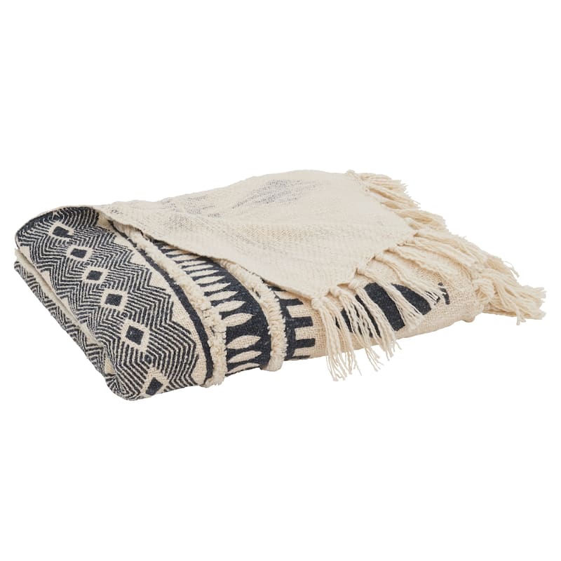 Geometric Print & Fringed Cotton Throw Blanket
