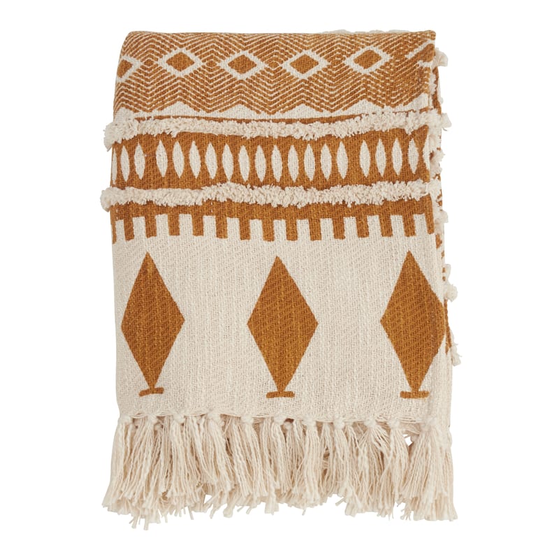Geometric Print & Fringed Cotton Throw Blanket - Saffron