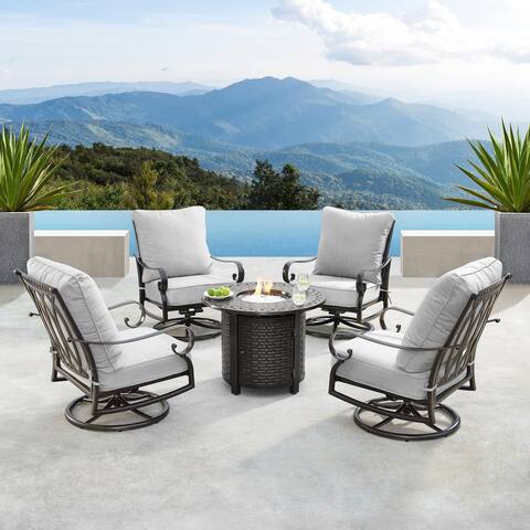 Outdoor Aluminum 34 in. Round Fire Table Set with Four Deep Seating Swivel Rocking Chairs, Fire Beads, Lid and Fabric Cover