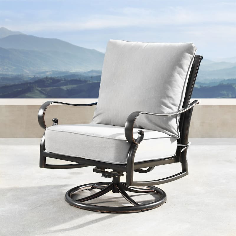 Outdoor Aluminum 34 in. Round Fire Table Set with Four Deep Seating Swivel Rocking Chairs, Fire Beads, Lid and Fabric Cover