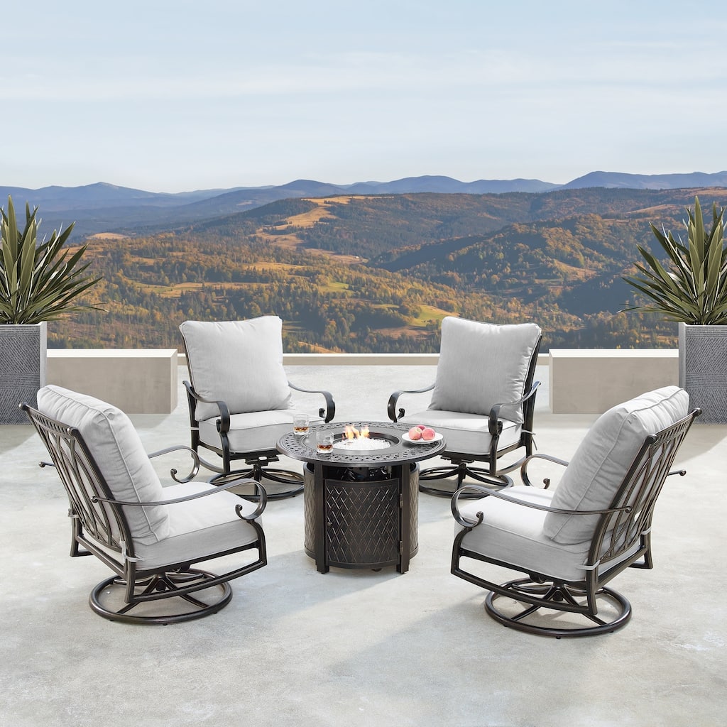 Outdoor Aluminum 34 in. Round Fire Table Set with Four Deep Seating Swivel Rocking Chairs, Fire Beads, Lid and Fabric Cover