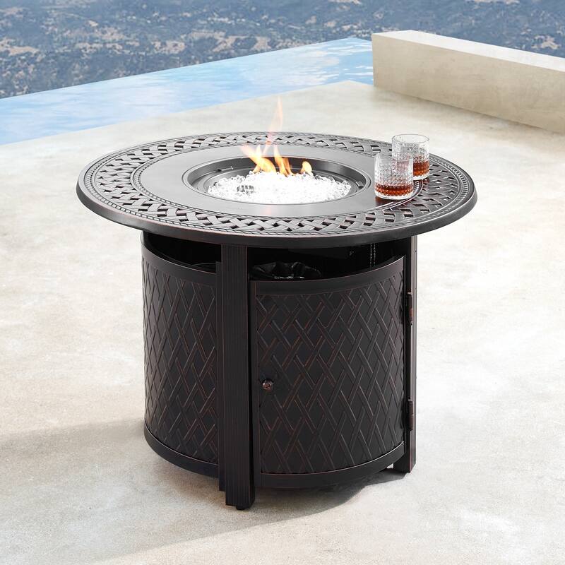 Outdoor Aluminum 34 in. Round Fire Table Set with Four Deep Seating Swivel Rocking Chairs, Fire Beads, Lid and Fabric Cover