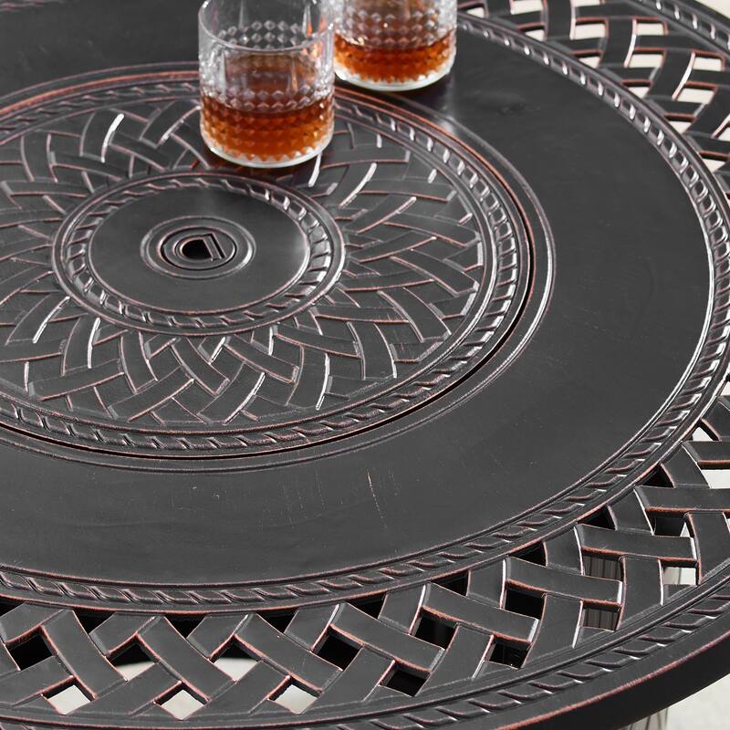 Outdoor Aluminum 34 in. Round Fire Table Set with Four Deep Seating Swivel Rocking Chairs, Fire Beads, Lid and Fabric Cover