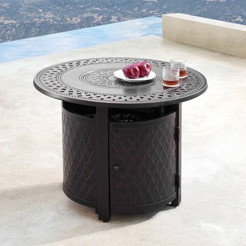 Outdoor Aluminum 34 in. Round Fire Table Set with Four Deep Seating Swivel Rocking Chairs, Fire Beads, Lid and Fabric Cover
