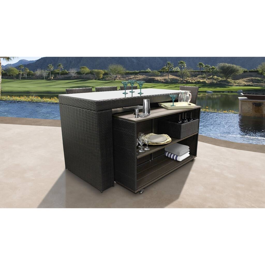 Barbados Bar Table Set with Cart, Basket, and 4 Barstools 7 Piece Outdoor Wicker Patio Furniture
